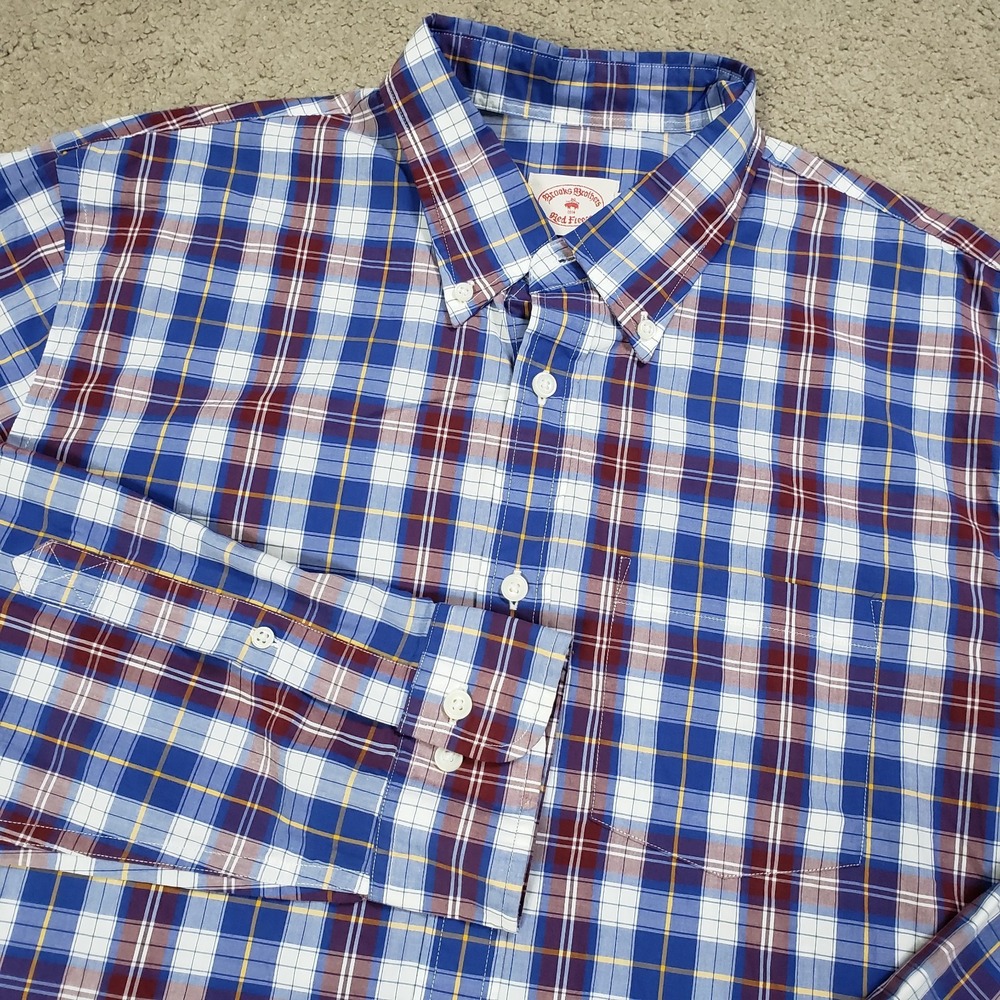 New BROOKS BROTHERS Red Fleece Mens‎ Shirt XL Blue Red Plaid Button Down